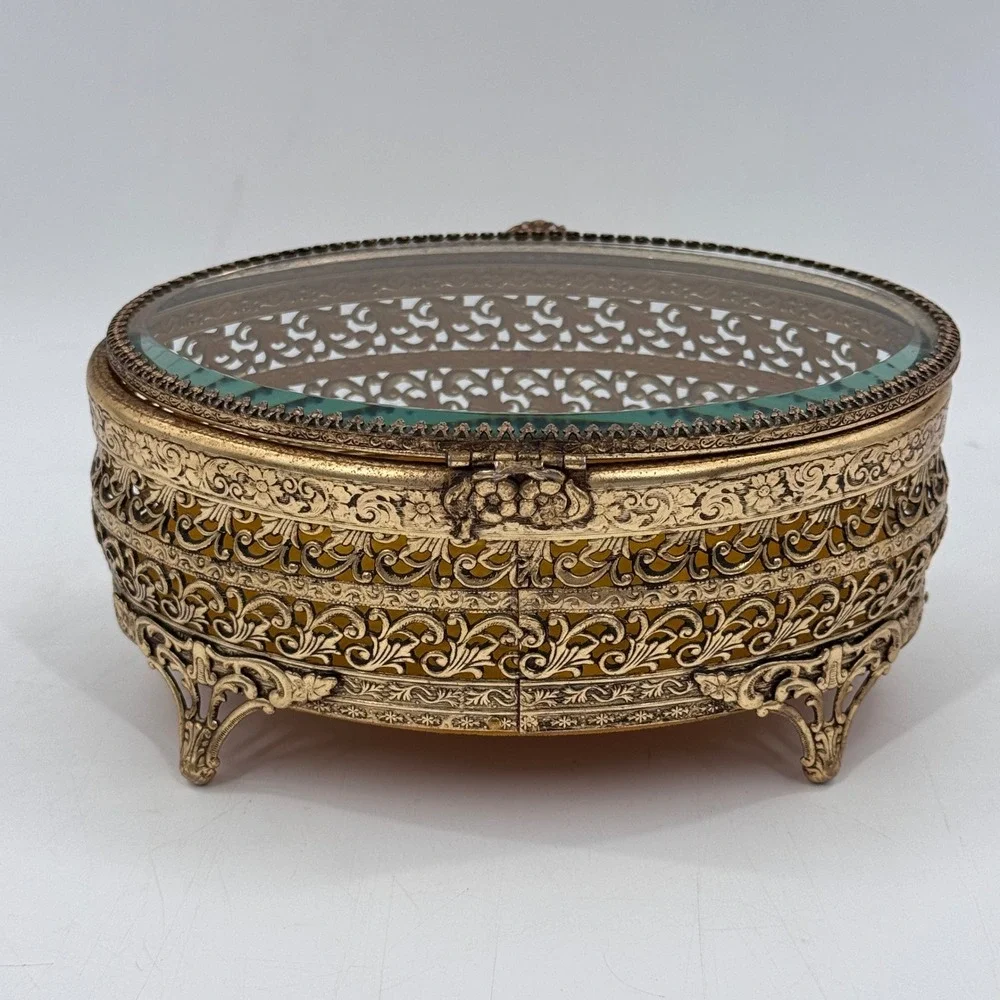 Vintage Ormolu Filigree Jewelry Casket Glass Vanity Box Hollywood Regency